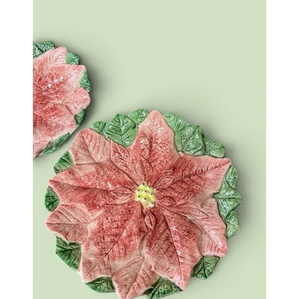 2 Fitz & Floyd Omnibus Poinsettia Christmas Dessert Snack Canape Plates Vintage